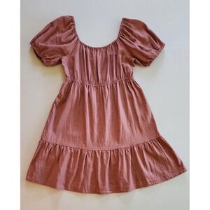 Love Tree Tiered Milkmaid Mini Dress Linen Blend Cottagecore Puff Slv Pink Sz Lg